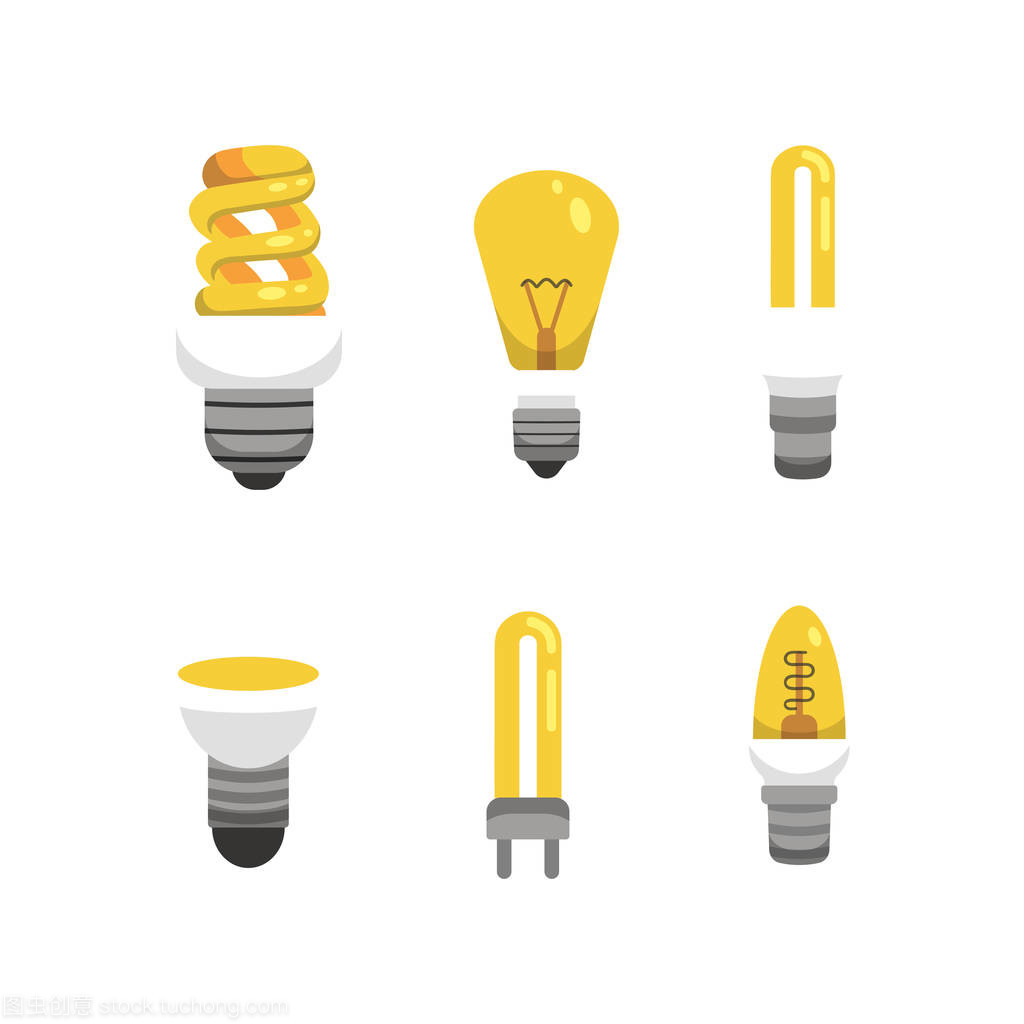 灯泡和灯集的卡通风格。主要电气照明类型矢量。想法例证